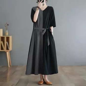 Dimanaf 2025 Новое летнее женское платье больших размеров, свободное винтажное платье, базовое повседневное длинное платье с V-образным вырезом, льняное макси One Size чёрный