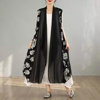 Dimanaf 2025 Новое лето Плюс Размер Женщины Без Рукавов Длинный Жилет Базовый Модный Пальто Шифон Топы Футболки Повседневный Свободный L белый