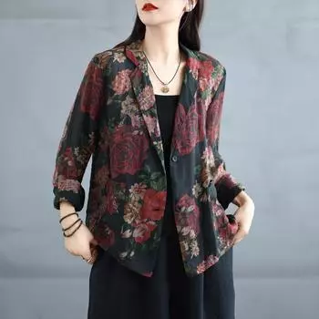 DIMANAF 2025 Новое пальто больших размеров Весна-лето для женщин Базовая рубашка Винтажные топы Футболки Цветочный повседневный свободный кардиган L чёрный