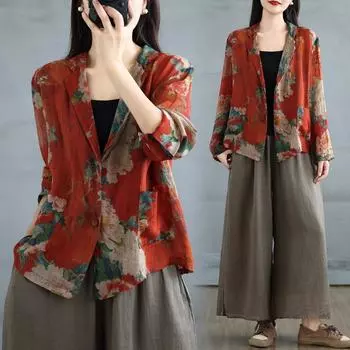 DIMANAF 2025 Новое пальто больших размеров Весна-лето для женщин Базовая рубашка Модные топы Футболки Винтажные цветочные повседневные свободные футболки L красный