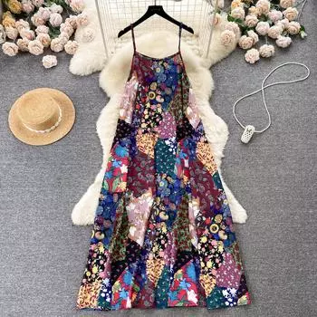 Dimanaf 2025 Новое платье женское пляжное без рукавов красочное сексуальное с круглым вырезом летнее свободное базовое длинное платье One Size разноцветный
