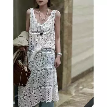 DIMANAF 2025 Новое платье женское трикотажное пляжное без рукавов кружевное длинное открытое сексуальное жилет с круглым вырезом открытое летнее платье топы футболки свободные базовые синие One Size бежевый