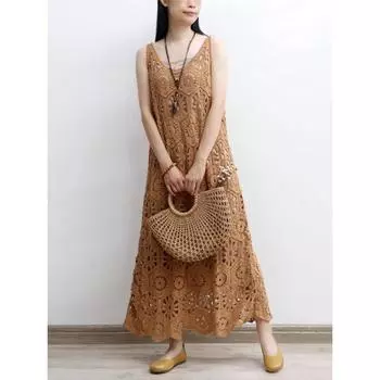 DIMANAF 2025 Новое платье женское трикотажное кружевное длинное открытое сексуальное жилет с круглым вырезом открытое летнее платье топы футболки свободные базовые синие One Size бежевый