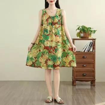 DIMANAF 2025 Новое женское летнее платье больших размеров Повседневный винтажный сарафан с цветочным принтом Свободное платье Базовое платье L зелёный