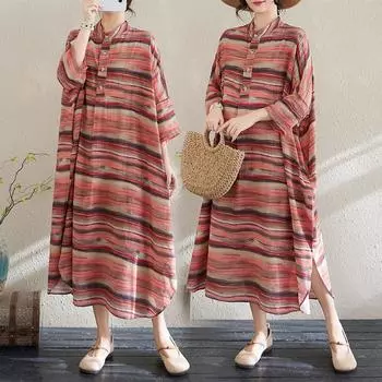 DIMANAF 2025 Новое женское летнее платье больших размеров в полоску Повседневное винтажное длинное платье Свободное принтованное макси базовое One Size красный