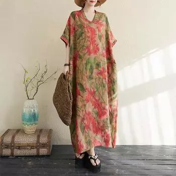 Dimanaf 2025 Новое женское летнее платье больших размеров Повседневное винтажное длинное платье Свободное макси Базовый цветочный принт One Size красный