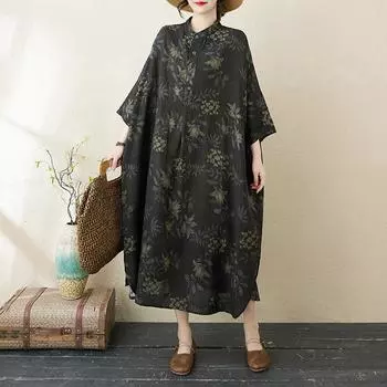 DIMANAF 2025 Новое женское летнее платье больших размеров с цветочным принтом Повседневное винтажное длинное платье Свободный принт Макси Базовый One Size чёрный