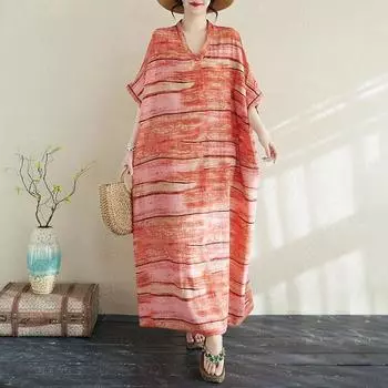 Dimanaf 2025 Новое женское летнее платье больших размеров Повседневное винтажное длинное платье Свободное макси Базовый принт Праздничное One Size красный