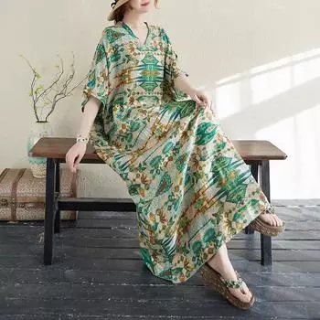 Dimanaf 2025 Новое женское летнее повседневное льняное платье больших размеров, винтажное длинное платье, свободное, базовое, праздничное, макси One Size зелёный