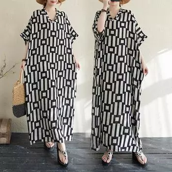 DIMANAF 2025 Новое женское летнее повседневное платье больших размеров Винтажное длинное платье Свободное макси Базовый принт Праздничное One Size чёрный