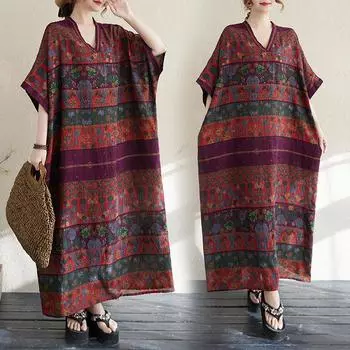 DIMANAF 2025 Новое женское летнее повседневное платье больших размеров, винтажное длинное платье, свободное макси, базовый V-образный вырез, праздник One Size красный