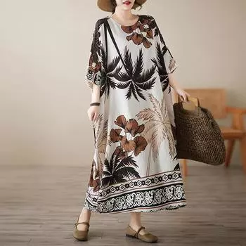 Dimanaf 2025 Новое женское летнее свободное платье больших размеров Повседневное модное праздничное платье Базовое винтажное платье с коротким рукавом One Size белый