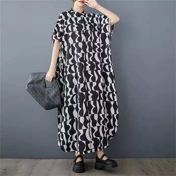 Dimanaf 2025 Новое женское летнее свободное платье-рубашка больших размеров Повседневное винтажное платье с принтом Базовое короткое рукавом XL чёрный