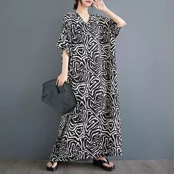 DIMANAF 2025 Новое женское летнее свободное платье больших размеров Повседневное льняное винтажное платье с принтом Базовое короткое рукав XL чёрный