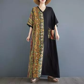 Dimanaf 2025 Новое женское летнее свободное платье больших размеров Повседневное льняное платье с цветочным принтом Базовое винтажное платье с коротким рукавом L чёрный