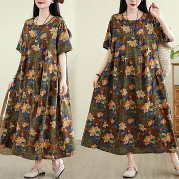 Dimanaf 2025 Новое женское летнее винтажное льняное платье больших размеров с коротким рукавом и цветочным принтом Свободное базовое повседневное платье L зелёный