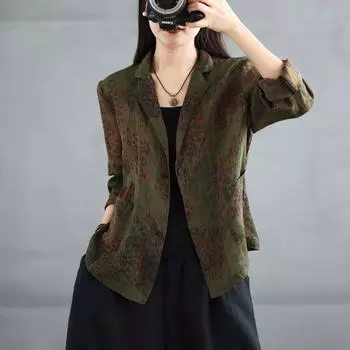 DIMANAF 2025 Новое женское пальто больших размеров весна-лето Базовая рубашка Винтажные топы Футболки с принтом Повседневный свободный кардиган L зелёный