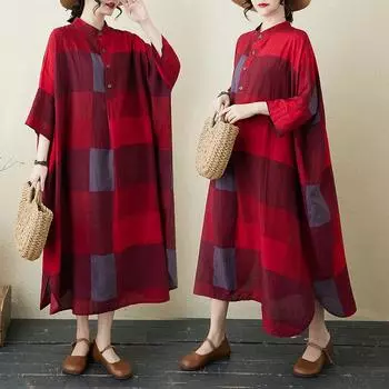 Dimanaf 2025 Новое женское платье больших размеров, весна-лето, повседневное винтажное длинное платье, свободное, в полоску, макси, базовое One Size красный