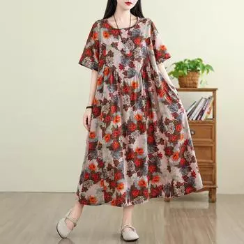 Dimanaf 2025 Новое женское платье больших размеров, летнее винтажное платье с коротким рукавом, цветочное свободное платье, базовое повседневное платье L красный