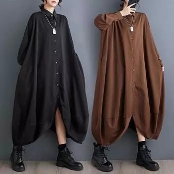 DIMANAF 2025 Новое женское весеннее платье больших размеров Длинное платье с длинным рукавом Однотонное винтажное платье-рубашка с длинным рукавом One size чёрный