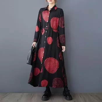 Dimanaf 2025 Новое женское весеннее платье больших размеров Длинное платье Блузка с длинным рукавом Винтажная одежда Платье-рубашка One Size чёрный