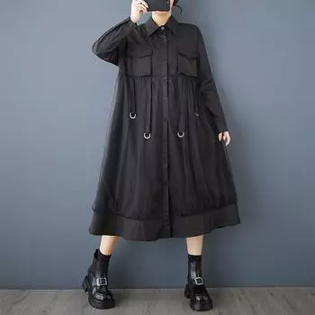 DIMANAF 2025 Новое женское весеннее платье больших размеров Длинное платье с длинным рукавом Однотонная винтажная одежда Сетчатое платье-рубашка One Size белый