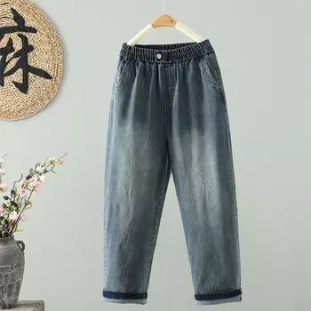 Dimanaf 2025 Новые джинсы больших размеров, весенние, длинные брюки, женские, свободные, винтажные, повседневные, с высокой талией, эластичные, базовые брюки M синий
