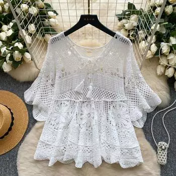 DIMANAF 2025 Новые футболки Летние женские пляжные футболки Базовые модные топы Кружевные футболки Повседневные свободные белые one size белый