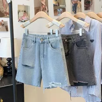 DIMANAF 2025 Новые летние джинсы Короткие джинсы Брюки с дырками Женские свободные повседневные джинсовые шаровары Большие синие брюки S чёрный