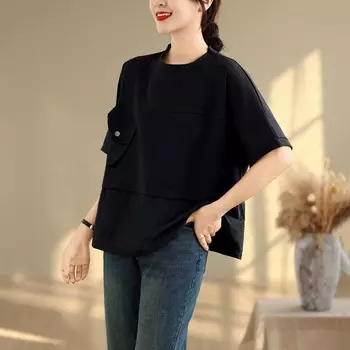 Dimanaf 2025 Новые летние футболки больших размеров для женщин с коротким рукавом, однотонные, с круглым вырезом, винтажные свободные топы, футболки макси L чёрный