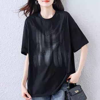 Dimanaf 2025 Новые летние футболки больших размеров, модные женские базовые свободные черные топы с коротким рукавом M чёрный