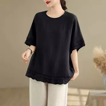 Dimanaf 2025 Новые летние футболки больших размеров для женщин с коротким рукавом, однотонные, базовые, открытые, винтажные, свободные топы, футболки макси L чёрный