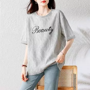 Dimanaf 2025 Новые летние футболки больших размеров, модные женские футболки с круглым вырезом и принтом букв, короткие рукава, однотонные свободные кружевные топы, футболки M серый