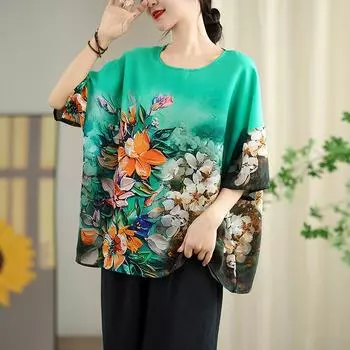 Dimanaf 2025 Новые летние футболки больших размеров для женщин с цветочным принтом и коротким рукавом из винтажного льна, свободные топы, футболки макси One Size зелёный