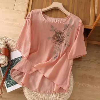 Dimanaf 2025 Новые летние футболки больших размеров для женщин с круглым вырезом и коротким рукавом из винтажного льна, свободные топы, футболки макси M розовый