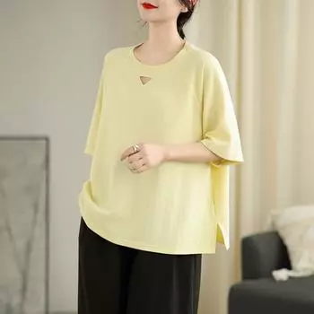 Dimanaf 2025 Новые летние футболки больших размеров для женщин с круглым вырезом, повседневные свободные топы с коротким рукавом, однотонные One Size чёрный