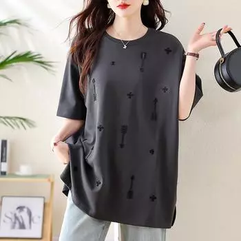 DIMANAF 2025 Новые летние футболки больших размеров для женщин с узором O-образным вырезом и коротким рукавом, свободные хлопковые топы, футболки L серый