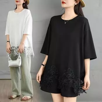 DIMANAF 2025 Новые летние футболки больших размеров для женщин, однотонные кружевные сплайсированные свободные топы с коротким рукавом One Size чёрный