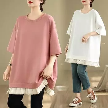 Dimanaf 2025 Новые летние футболки больших размеров для женщин с круглым вырезом и коротким рукавом из хлопка, свободные топы, футболки макси One Size зелёный