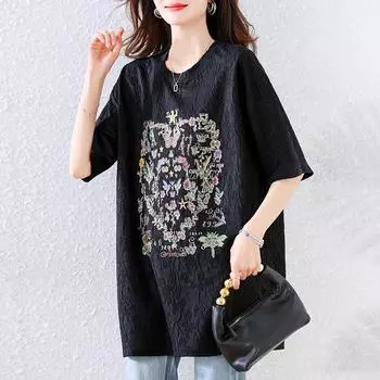 Dimanaf 2025 Новые летние футболки больших размеров с принтом для женщин с коротким рукавом, свободные черные топы, футболки M чёрный