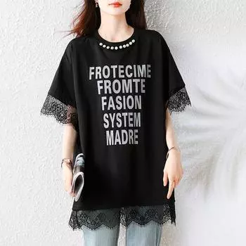Dimanaf 2025 Новые летние футболки больших размеров с принтом букв, модные женские свободные кружевные топы с коротким рукавом M чёрный