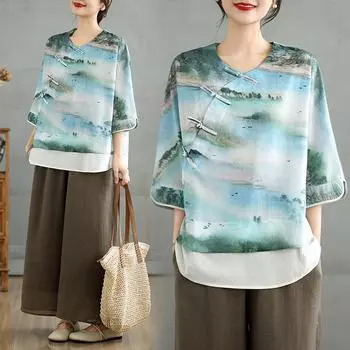 Dimanaf 2025 Новые летние футболки больших размеров для женщин с коротким рукавом и принтом в винтажном стиле, свободные льняные топы, футболки макси L синий