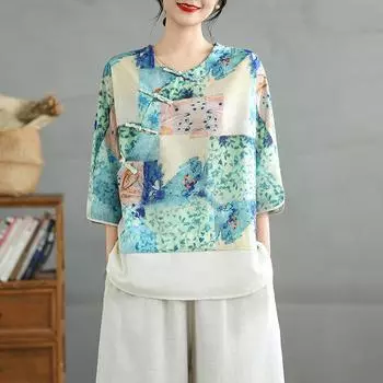 Dimanaf 2025 Новые летние футболки больших размеров для женщин с коротким рукавом и принтом в винтажном стиле, свободные топы, футболки макси L синий