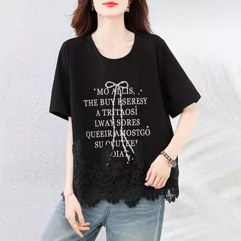 Dimanaf 2025 Новые летние футболки больших размеров с коротким рукавом и круглым вырезом, однотонные свободные черные кружевные топы, футболки M чёрный
