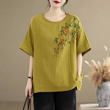 DIMANAF 2025 Новая Летняя Футболка Большого Размера Женская Цветочный Принт Короткий Рукав Свободные Топы Футболки Макси One Size белый