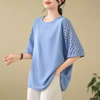 Dimanaf 2025 Новые летние футболки больших размеров для женщин с круглым вырезом, повседневные, с коротким рукавом, свободные топы, однотонные One Size чёрный