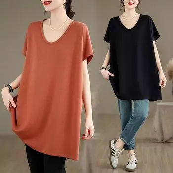 Dimanaf 2025 Новые летние футболки больших размеров для женщин с круглым вырезом и коротким рукавом, свободные топы, футболки макси One Size чёрный