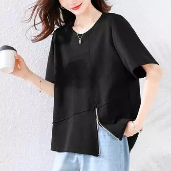 DIMANAF 2025 Новые летние футболки больших размеров, модные женские асимметричные свободные топы с коротким рукавом M чёрный