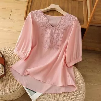 Dimanaf 2025 Новые летние футболки больших размеров для женщин с V-образным вырезом и коротким рукавом из винтажного льна, свободные топы, футболки макси M фиолетовый