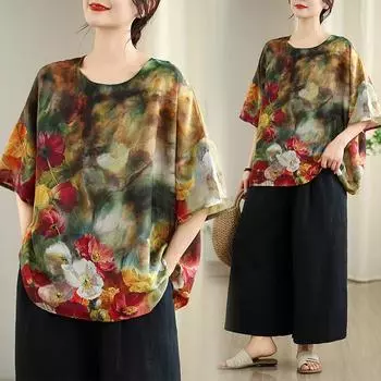 Dimanaf 2025 Новые летние футболки больших размеров для женщин с цветочным принтом, короткие рукава, винтажные свободные топы, футболки макси One Size жёлтый